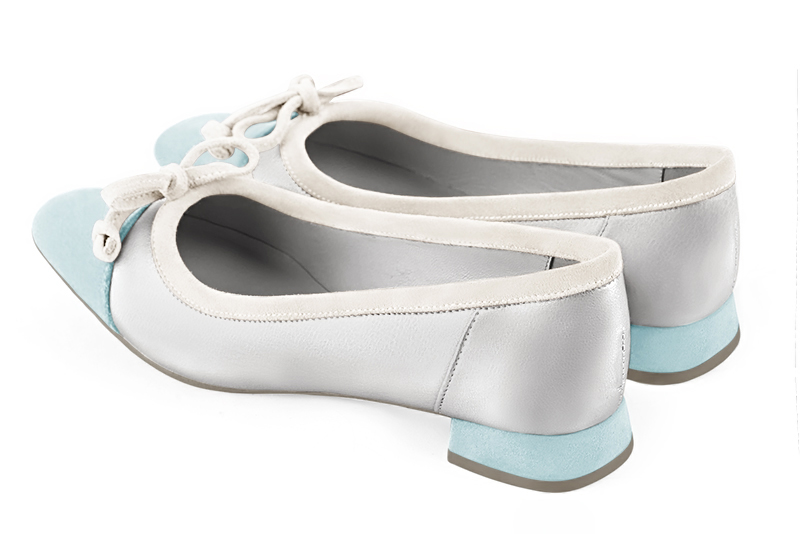 Aquamarine blue, light silver and off white women's ballet pumps, with low heels. Square toe. Flat flare heels. Rear view - Florence KOOIJMAN